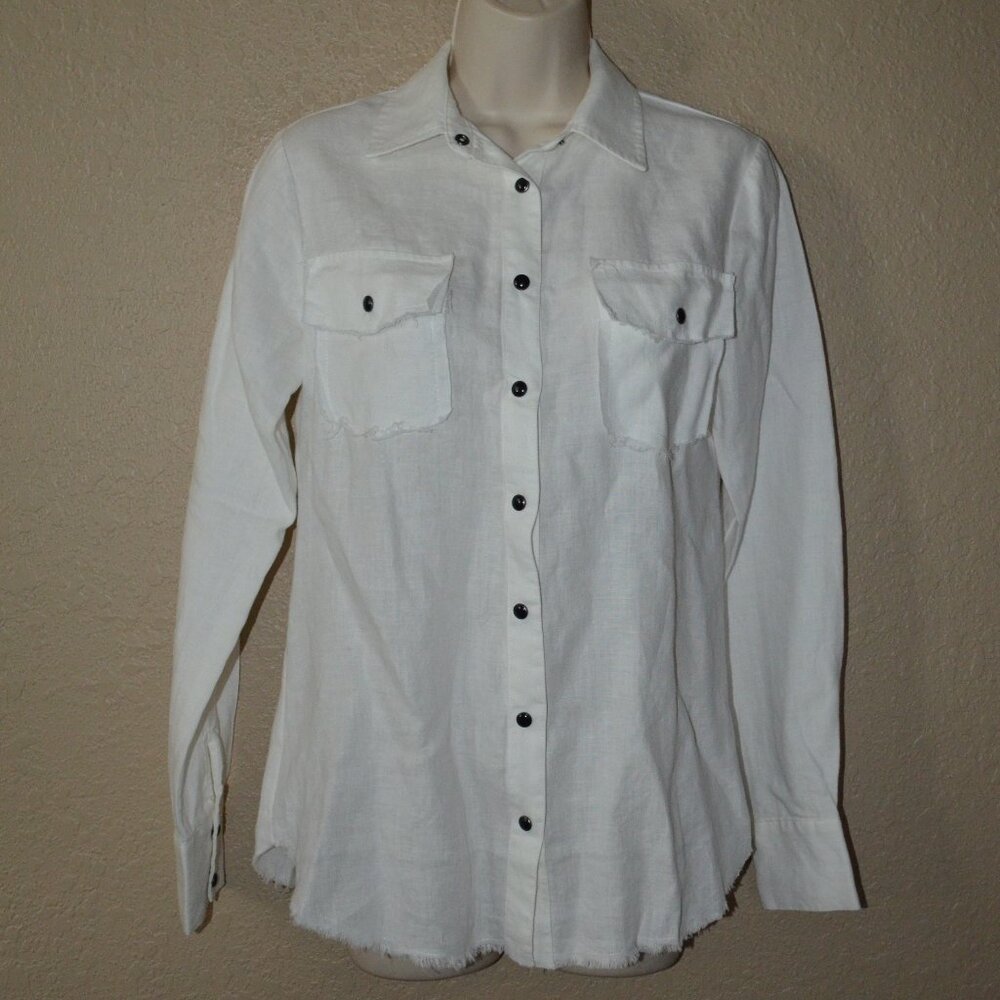 Sz XS Gold Hawk White Linen Long Sleeve Snap Front Blouse